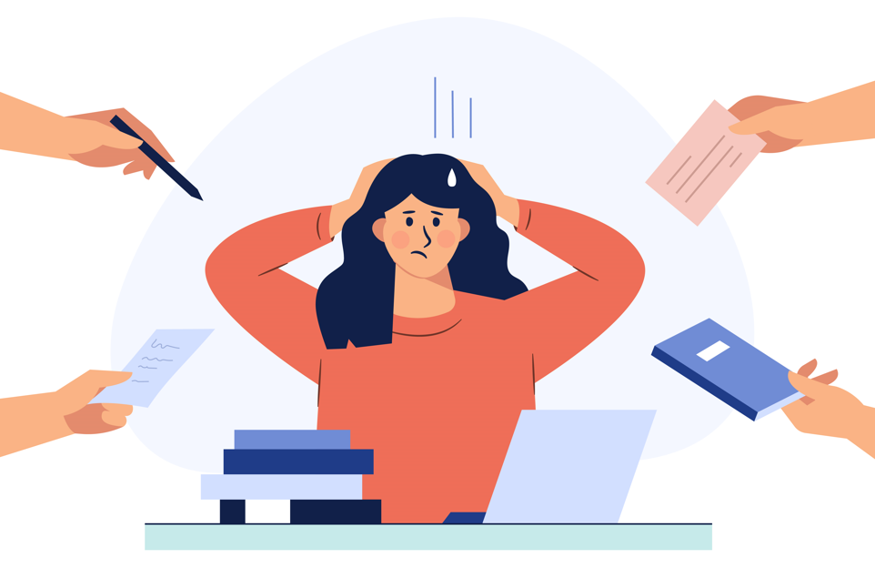 Cartoon woman looking stressed as hands appear all around holding papers, pens, and books.