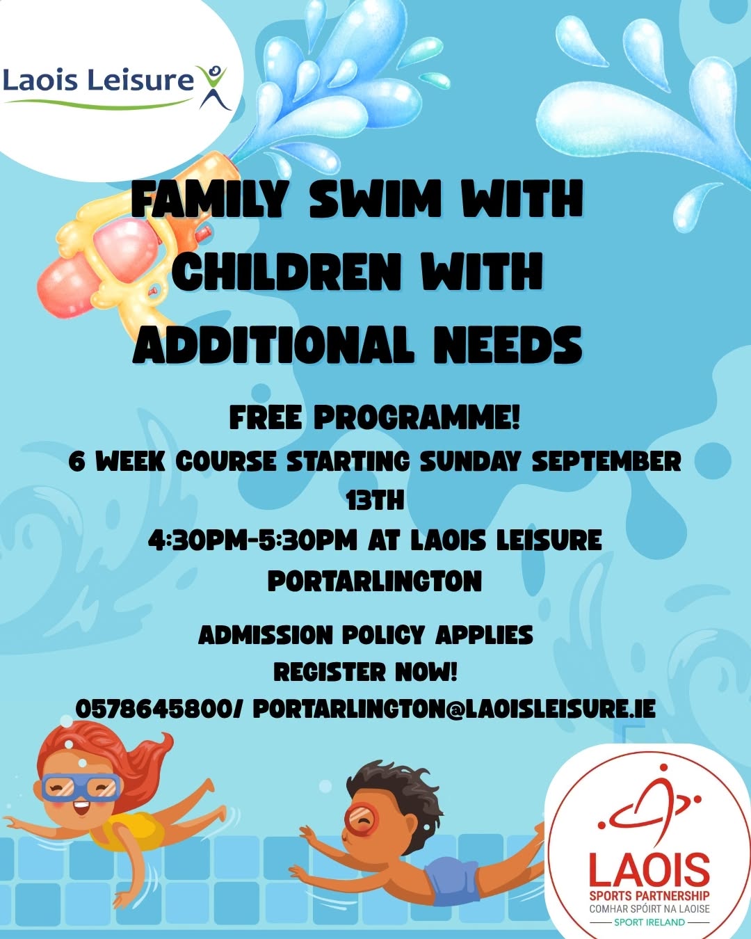 Family Swim with children with additional needs poster - details below